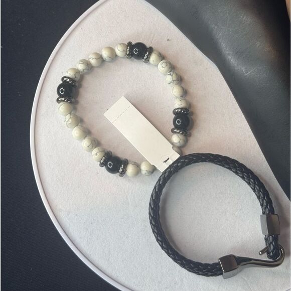Guess 2 Piece Black Leather & White Marble Stretch Bracelet Unisex - Picture 6 of 8